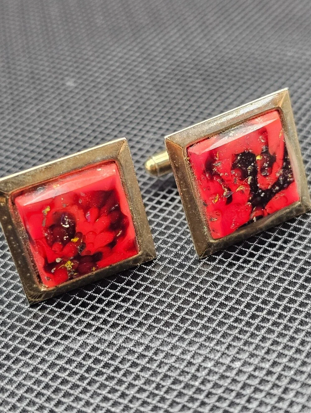 Vintage Red and Gold Square Cufflinks with Floral Design